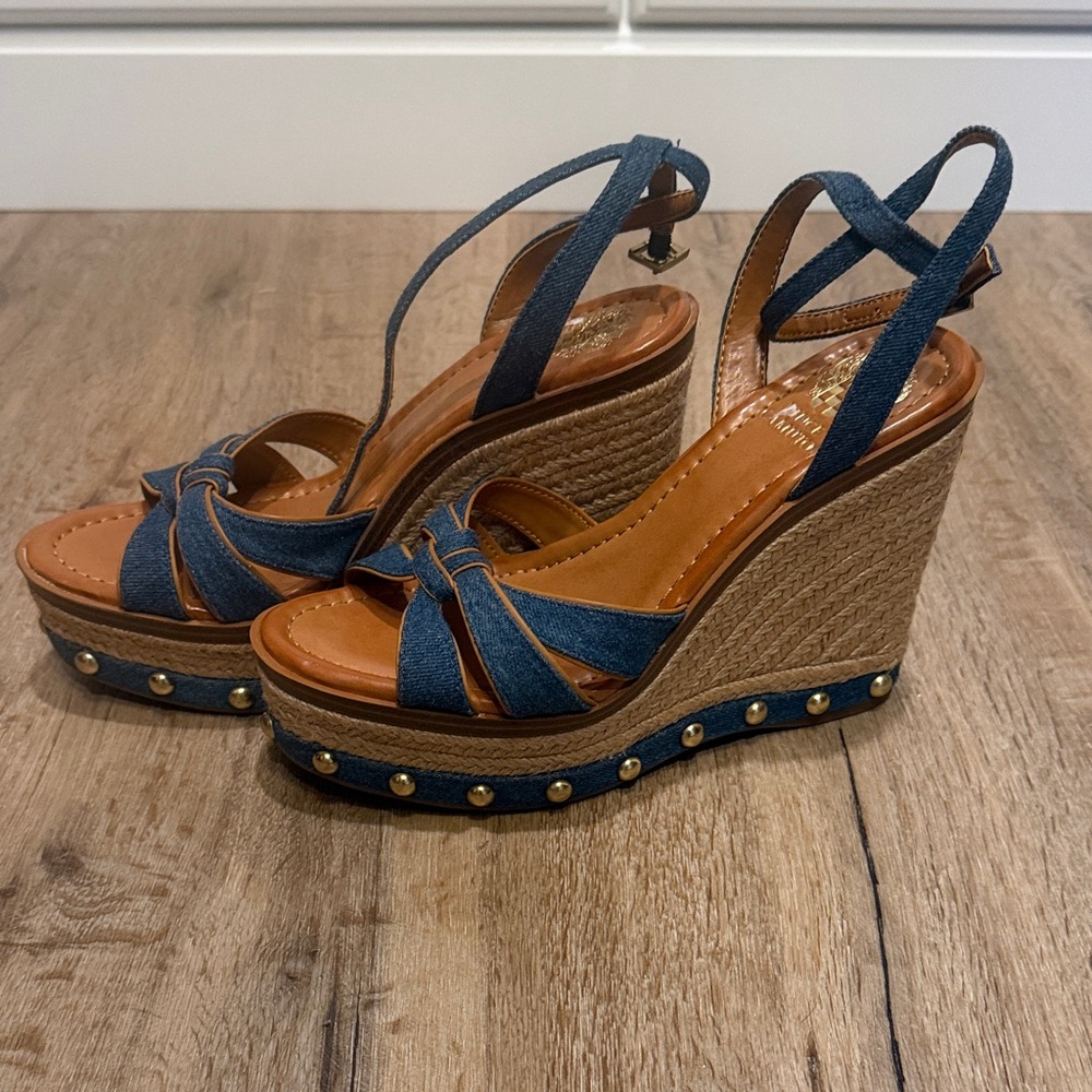 Vince Camuto Denim Blue Studded Espadrille Wedges
